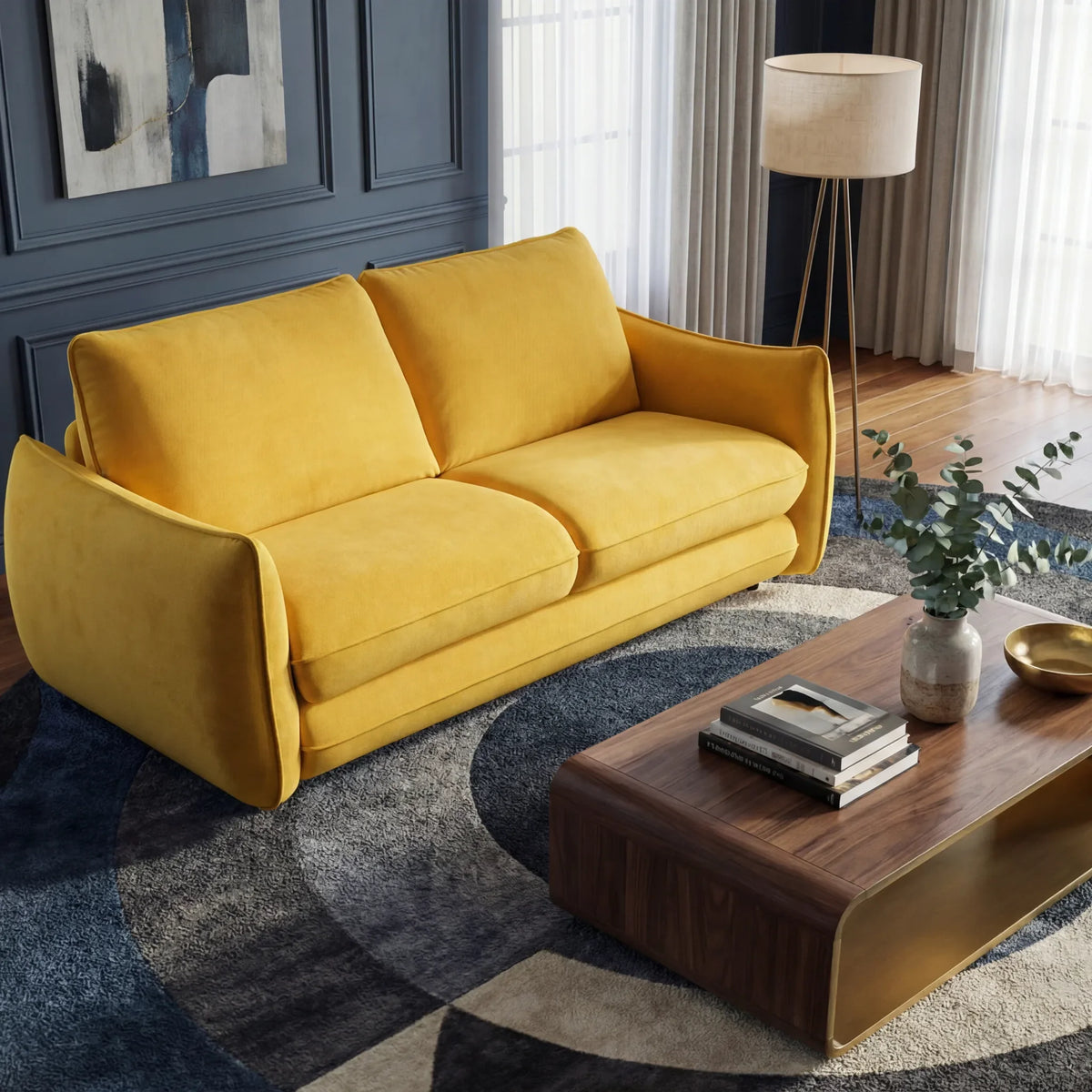 Divano letto Apollo in tessuto giallo in soggiorno