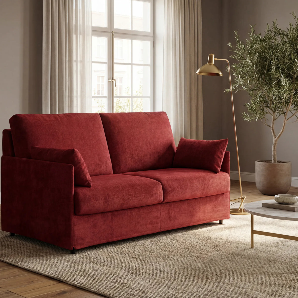 Divano letto Nox in tessuto rosso in soggiorno